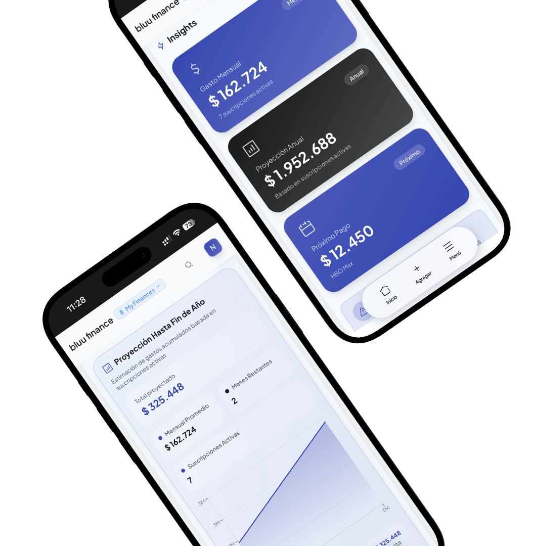 App móvil de Bluu mostrando insights y proyección de patrimonio